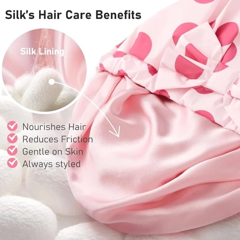 Mulberry Silk Lined Pink Polka Dot Shower Cap with Bow Accent